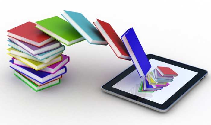 books with colorful covers getting inside a tablet