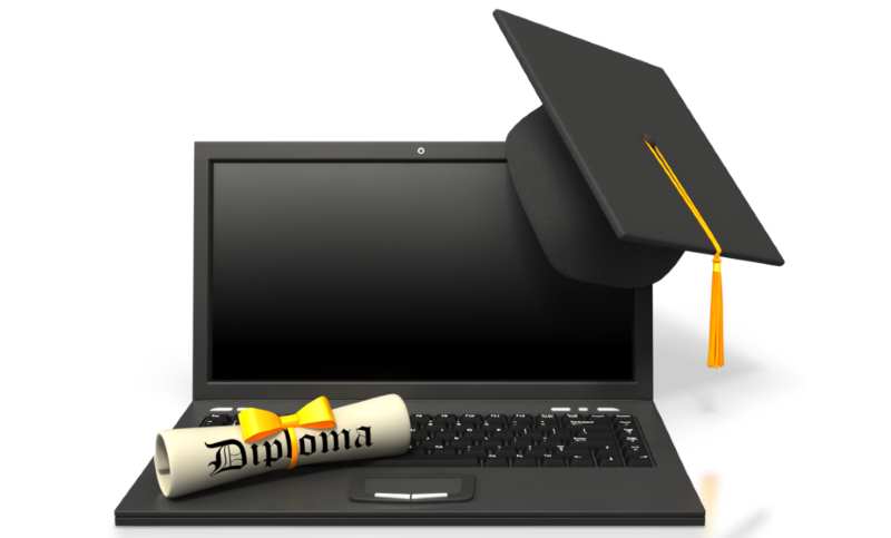 online degree, computer diploma and cap