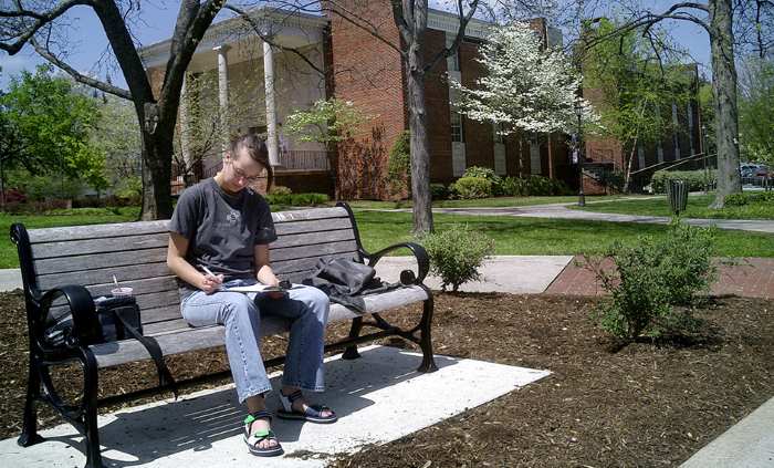student studying on a bench outside
