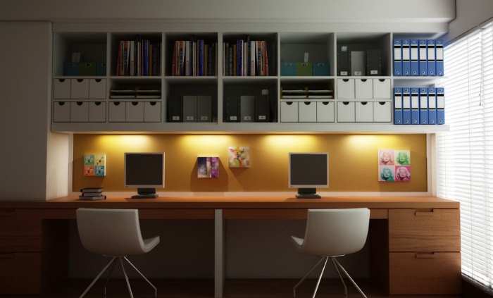 home office desks with shelves on the wall