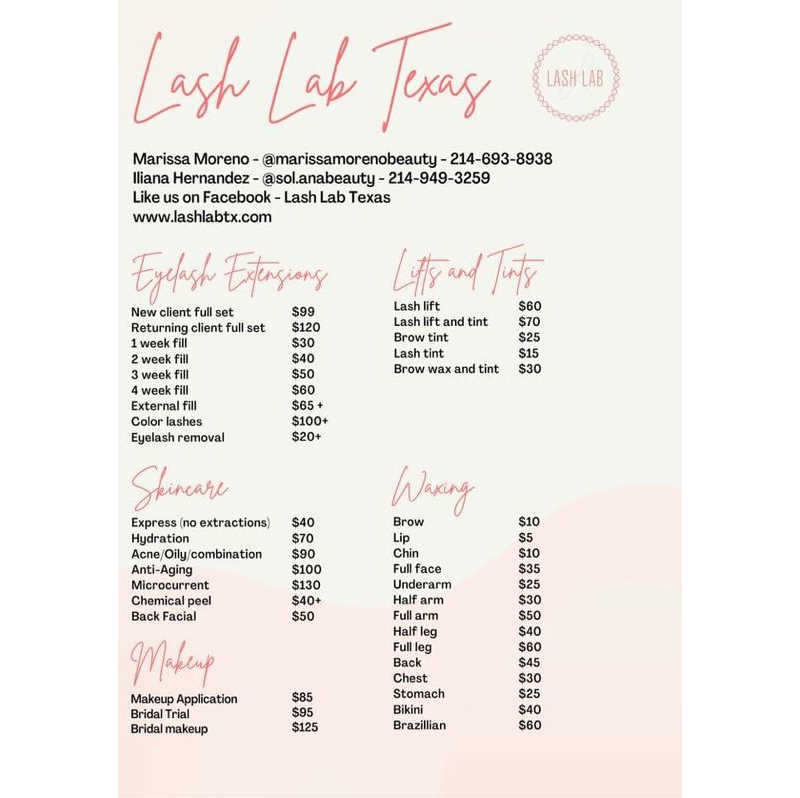 lashes menu