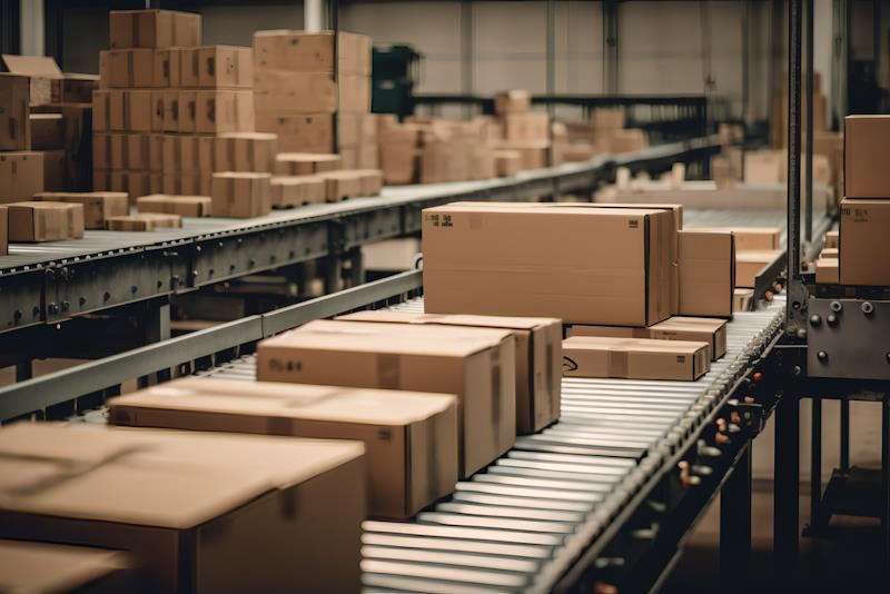Efficient Operations in a Busy Warehouse packages conveyer belt